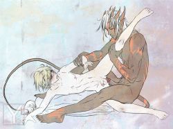 2boys barefoot blonde_hair blush dark_skin demon demon_boy entering flaccid grabbing holding_another&#039;s_wrist horns interracial interspecies monster monster_boy monster_on_male multiple_boys nude original pale_skin penis pointy_ears rape resisting sex small_penis spread_legs struggling tail tattoo uncensored white_hair yanagoya yaoi rating:Explicit score:93 user:yaoilover