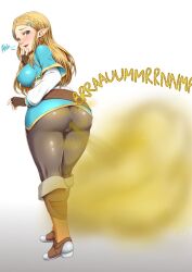 1girl :d ass black_pants blonde_hair blush braid breasts cowboy_shot curvy fart from_behind gas gloves green_eyes hip_focus large_breasts looking_at_viewer looking_back nintendo open_mouth pants pointy_ears princess_zelda smile the_legend_of_zelda the_legend_of_zelda:_breath_of_the_wild tight_clothes tight_pants wide_hips