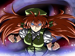  1girl blue_eyes bow braid breasts clenched_hand clenched_hands ex-meiling female_focus fighting_stance glowing glowing_eyes hair_bow highres hong_meiling long_hair red_hair solo touhou tukiwani twin_braids very_long_hair 