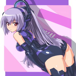  10s 1girl alternate_color arnval ass bad_id bad_pixiv_id bent_over black_thighhighs busou_shinki dd_(ijigendd) doll_joints elbow_gloves gloves joints long_hair looking_at_viewer looking_back ponytail purple_hair red_eyes smile solo tempesta thighhighs  rating:Sensitive score:34 user:danbooru