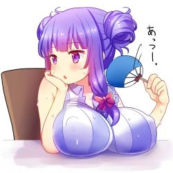 1girl :o blunt_bangs blush bow breast_rest breasts commentary_request covered_erect_nipples double_bun eyebrows fanning_face fanning_self hair_bow hair_bun hand_fan impossible_clothes impossible_shirt large_breasts long_hair patchouli_knowledge purple_eyes purple_hair red_bow rimu_(kingyo_origin) shirt simple_background sitting solo striped sweat touhou upper_body white_background rating:Sensitive score:22 user:danbooru