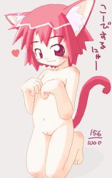  1girl animal_ears blush cat_ears cat_tail cleft_of_venus flat_chest heart ikkyuu loli navel nude pussy red_eyes red_hair simple_background solo source_request tail uncensored  rating:Explicit score:14 user:Tom23