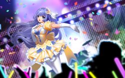  1girl 300_heroes audience blue_eyes blue_hair breasts cleavage confetti crescent crescent_hair_ornament date_a_live dress drum drum_set dutch_angle flower frilled_dress frills gloves glowstick hair_flower hair_ornament idol idol_clothes instrument izayoi_miku long_hair medium_breasts official_art open_mouth pantyhose solo spotlight stage third-party_source white_pantyhose yellow_dress 