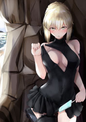 1girl artoria_pendragon_(all) artoria_pendragon_(alter_swimsuit_rider)_(first_ascension)_(fate) artoria_pendragon_(fate) bare_shoulders blonde_hair blush braid breasts breasts_apart clothes_pull cowboy_shot curtains fate/grand_order fate/stay_night fate_(series) food french_braid hair_between_eyes hair_bun highres large_breasts lolita_fashion looking_at_viewer ninoude_(ninoude44) one-piece_swimsuit one-piece_swimsuit_pull open_mouth popsicle saber_alter seascape single_hair_bun solo standing swimsuit yellow_eyes rating:Questionable score:22 user:danbooru