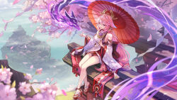  1girl animal_ears bare_shoulders breasts cherry_blossoms commentary_request detached_sleeves earrings falling_petals floppy_ears fox_ears genshin_impact hair_between_eyes hair_ornament highres holding holding_umbrella japanese_clothes jewelry kyusoukyu large_breasts long_hair long_sleeves looking_at_viewer nontraditional_miko oil-paper_umbrella okobo open_mouth outdoors pendant petals pink_hair purple_eyes sandals shirt sideboob sitting sleeveless sleeveless_shirt smile solo tree umbrella vision_(genshin_impact) white_shirt wide_sleeves yae_miko 