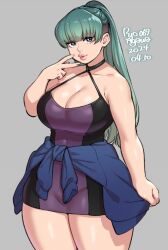  1girl agawa_ryou artist_name blue_eyes breasts cleavage commentary curvy dated english_commentary green_hair grey_background large_breasts open_mouth original ponytail puckered_lips simple_background solo thick_thighs thighs wide_hips 