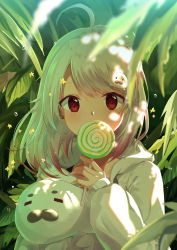  1girl absurdres ahoge candy day food forest grey_hair hair_ornament highres hood hood_down hoodie lollipop long_sleeves looking_at_viewer nature outdoors plant red_eyes shirakami_haruka short_hair solo standing stuffed_animal stuffed_seal stuffed_toy sunlight virtual_youtuber zhongchun_ci  rating:Sensitive score:3 user:KZcheese