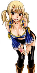 1girl black_thighhighs blonde_hair breasts brown_eyes cleavage detached_sleeves fairy_tail hands_on_thighs highres large_breasts leaning_forward long_hair looking_at_viewer lucy_heartfilia mashima_hiro navel official_art open_mouth simple_background solo tattoo thighhighs twintails white_background rating:Sensitive score:55 user:danbooru