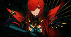  1girl bad_id bad_pixiv_id black_bodysuit bodysuit cape chain collared_cape crest family_crest fate/grand_order fate_(series) gloves hair_over_one_eye highres inho_song long_hair looking_at_viewer oda_nobunaga_(fate) oda_nobunaga_(maou_avenger)_(fate) popped_collar red_cape red_eyes red_hair smile solo teeth  rating:General score:1 user:danbooru