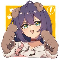  ! +_+ 1girl :3 ahoge animal_ears animal_hands blush choker claws collarbone dog_ears dog_paws dot_nose double-parted_bangs fake_animal_ears fang fur-trimmed_sleeves fur_trim gloves grey_hood grey_hoodie hair_between_eyes hood hoodie idolmaster idolmaster_million_live! idolmaster_million_live!_theater_days long_hair looking_at_viewer mochizuki_anna official_alternate_costume open_mouth overalls paw_gloves paw_pose paw_print paw_print_background pink_overalls purple_hair red_choker shirototo solo suspenders suspenders_slip upper_body v-shaped_eyebrows yellow_background 