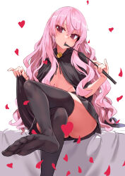  1girl asanagi ass black_skirt black_thighhighs blush cape censored crossed_legs feet flat_chest heart heart_censor highres long_hair looking_at_viewer louise_francoise_le_blanc_de_la_valliere open_mouth pink_eyes pink_hair shiny_skin sitting skirt solo thighhighs toes topless whip zero_no_tsukaima 
