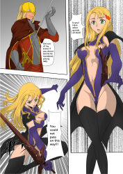 black_thighhighs blonde_hair breasts caishimou cleavage code_geass green_eyes gundam gundam_wing large_breasts leotard liliana_vergamon long_hair mask navel open_mouth rapier simple_background sword thighhighs weapon zechs_merquise