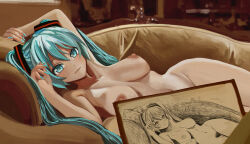  1girl aqua_eyes aqua_hair aqua_nails arm_up arms_up aruman breasts collarbone commentary completely_nude couch drawing female_pubic_hair hands_up hatsune_miku highres indoors large_breasts long_hair looking_at_viewer navel nipples nude on_couch paid_reward_available pubic_hair scene_reference smile solo_focus titanic_(movie) twintails very_long_hair vocaloid  rating:Questionable score:90 user:danbooru