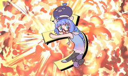  1girl ahoge black_bow black_pantyhose blue_dress blue_eyes blue_hair blunt_bangs bow chibi commentary_request dress eel_hat explosion from_side full_body gradient_dress hair_bow hair_ornament hairclip highres letter_pose long_hair looking_at_viewer looking_to_the_side mashima_jirou open_mouth otomachi_una otomachi_una_(talkex) pantyhose pink_dress plaid plaid_bow plaid_legwear ponytail sailor_collar semi-rimless_eyewear shoes short_dress sleeveless sleeveless_dress solo talkex v-shaped_eyebrows very_long_hair vocaloid white_sailor_collar 