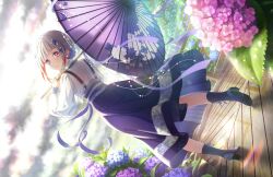 1girl ame_to_ajisai_ni_utaeba_(love_live!) asymmetrical_bangs bob_cut boots cloud cloudy_sky colored_inner_hair cross-laced_footwear diagonal_bangs flower foot_up full_body game_cg grey_hair hair_flower hair_ornament high_heel_boots high_heels highres holding holding_umbrella hydrangea inverted_bob lace-up_boots light_particles link!_like!_love_live! long_skirt long_sleeves looking_at_viewer looking_back love_live! multicolored_hair official_art oil-paper_umbrella parted_lips pink_eyes puffy_long_sleeves puffy_sleeves purple_flower purple_skirt red_hair short_hair sidelocks skirt sky solo streaked_hair suspender_skirt suspenders third-party_source umbrella virtual_youtuber yugiri_tsuzuri 