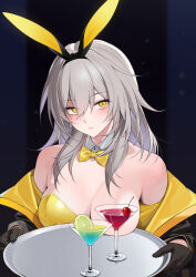  1girl alternate_costume animal_ears bare_shoulders bechu black_background black_gloves black_jacket bow bowtie cherry cocktail_glass commentary cup detached_collar drinking_glass fake_animal_ears food fruit gloves grey_hair highres holding holding_tray honkai:_star_rail honkai_(series) jacket leotard lime_(fruit) lime_slice long_hair looking_at_viewer off_shoulder playboy_bunny rabbit_ears simple_background solo stelle_(honkai:_star_rail) strapless strapless_leotard trailblazer_(honkai:_star_rail) tray upper_body yellow_bow yellow_bowtie yellow_eyes yellow_leotard 