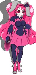 bad_end_precure bad_end_precure_(cosplay) bodysuit breasts corruption cosplay cure_whip dark_persona elly_snail highres kirakira_precure_a_la_mode large_breasts latex latex_bodysuit long_hair muscular paw_shoes pink_hair pink_skirt precure puffy_sleeves rabbit_ears rabbit_girl rabbit_tail red_eyes skirt smile_precure! twintails usami_ichika
