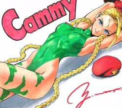  1girl armpits arms_behind_head blonde_hair blue_eyes braid breasts cammy_white capcom covered_erect_nipples covered_navel highres legs leotard long_hair looking_at_viewer lying medium_breasts murata_yuusuke pink_lips seductive_smile smile solo street_fighter thighs traditional_media twin_braids 
