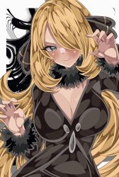 1girl black_coat blonde_hair blush breasts claw_pose cleavage closed_mouth coat commentary_request creatures_(company) cynthia_(pokemon) fur_trim game_freak grey_eyes hair_ornament hair_over_one_eye highres large_breasts long_hair long_sleeves looking_at_viewer nintendo pokemon pokemon_dppt shiki_(kisikisi1007) smile solo very_long_hair  rating:Sensitive score:7 user:danbooru
