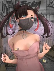  1girl absurdres bare_shoulders black_choker black_hair black_nails breasts choker clothes_pull collarbone creatures_(company) dress dress_pull game_freak gen_8_pokemon graffiti green_eyes hair_ribbon hands_up highres looking_at_viewer marnie_(pokemon) mask morpeko morpeko_(full) mouth_mask nintendo peba pink_dress pokemon pokemon_(creature) pokemon_swsh pulling_own_clothes ribbon small_breasts solo_focus spaghetti_strap strap_slip twintails 