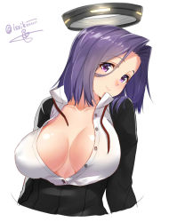 10s 1girl artist_name blouse breasts cleavage collarbone collared_shirt covered_erect_nipples eyebrows female_focus glowing hair_between_eyes halo isshiki_(ffmania7) kantai_collection large_breasts long_sleeves looking_at_viewer mechanical_halo open_clothes open_shirt purple_eyes purple_hair shirt short_hair signature simple_background smile solo tatsuta_(kancolle) twitter_username unbuttoned upper_body white_background rating:Questionable score:21 user:danbooru