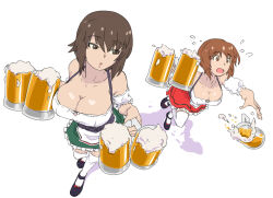  2girls beer_mug blush breasts brown_eyes brown_hair cleavage cup dirndl dropping german_clothes girls_und_panzer highres huaronanago large_breasts mug multiple_girls nishizumi_maho nishizumi_miho oktoberfest open_mouth short_hair simple_background thighhighs tripping white_background white_thighhighs  rating:Sensitive score:22 user:danbooru