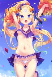1girl :d abigail_williams_(fate) armpits arms_up blonde_hair blue_eyes blue_skirt blue_sky blush cameltoe cheerleader cleft_of_venus clothes_lift cloud crop_top crossed_bandaids day fang fate/grand_order fate_(series) gluteal_fold groin high_ponytail holding loli long_hair looking_at_viewer navel open_mouth outdoors panties parted_bangs pleated_skirt pom_pom_(cheerleading) ponytail purple_footwear shoes side-tie_panties skirt skirt_lift sky smile solo suction_cups sweat tentacles toraishi_666 underwear very_long_hair white_panties rating:Questionable score:100 user:danbooru