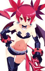  1girl absurdres belt black_choker black_gloves black_thighhighs choker demon_girl demon_tail disgaea earrings elbow_gloves etna_(disgaea) fang flat_chest gloves hantic888 highres jewelry licking_lips looking_at_viewer makai_senki_disgaea navel pointy_ears red_eyes red_hair red_tail red_wings simple_background skull_earrings solo tail thighhighs tongue tongue_out twintails white_background white_belt wings 