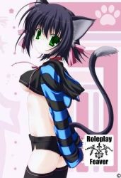 animal_ears black_hair bow breasts cat_ears cat_tail green_eyes hood hoodie lowres short_shorts shorts small_breasts tail thighhighs  rating:Questionable score:10 user:PainofSixPaths