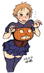 1girl blue_dress blue_thighhighs blush breasts brown_eyes brown_hair cleavage cleavage_cutout clothing_cutout corset dated dress halloween halloween_costume jack-o&#039;-lantern large_breasts matching_hair/eyes nail_polish no_bra original paw_pose puff_and_slash_sleeves puffy_sleeves short_hair sketch solo striped_clothes striped_thighhighs thighhighs trick_or_treat tsukudani_(coke-buta) tsurime tsurime-chan vertical-striped_clothes vertical-striped_thighhighs very_short_hair zettai_ryouiki rating:Sensitive score:24 user:danbooru
