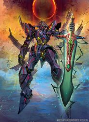 clenched_hand commentary english_commentary force_of_will full_body genesis_chronogear halo holding holding_sword holding_weapon ishida_baru looking_at_viewer mecha no_humans purple_eyes robot science_fiction solo sword weapon 
