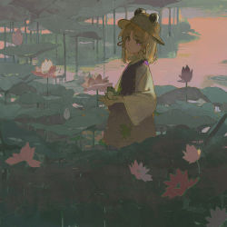 1girl :| animal blonde_hair brown_hat ciloranko closed_mouth commentary expressionless flower frog from_side hair_ribbon hat highres holding holding_animal lily_(flower) lily_pad long_sleeves looking_at_viewer looking_to_the_side medium_hair moriya_suwako purple_eyes purple_skirt purple_vest rain red_ribbon ribbon shirt sidelocks skirt skirt_set solo touhou vest wading water white_shirt wide_sleeves rating:General score:9 user:danbooru