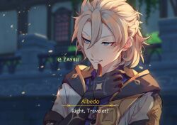  1boy albedo_(genshin_impact) artist_name black_gloves blonde_hair blue_eyes blue_shirt blurry blurry_background braid commentary english_commentary english_text french_braid genshin_impact gloves gold_trim hair_between_eyes half-closed_eyes highres hood hoodie house in-universe_location looking_to_the_side male_focus mandarin_collar outdoors shirt short_hair short_sleeves smile smug solo sparkle_print standing teeth upper_body v-shaped_eyebrows white_hoodie window zayvii 