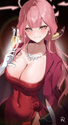  1girl ahoge alcohol aru_(blue_archive) aru_(dress)_(blue_archive) blue_archive breasts champagne cleavage closed_mouth commentary_request covered_navel cup demon_horns dress drinking_glass earrings glint gloves halo highres holding holding_cup horns jacket jacket_on_shoulders jewelry large_breasts lens_flare light_particles looking_at_viewer maru_hatena necklace pink_hair pink_halo red_dress red_jacket side_slit smile solo white_gloves women&#039;s_wallet yellow_eyes 