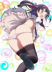  1girl ass bent_over black_footwear black_hair black_thighhighs blue_eyes blush bra butt_crack clothes_lift commentary_request commission crotch_seam dress dress_lift dress_tug frown gal_gun_double_peace hair_ribbon hairband highres kamizono_shinobu komatsu_(sakanae) leaning_forward leg_up long_hair looking_at_viewer looking_back open_mouth panties panty_pull partial_commentary pixiv_commission puffy_short_sleeves puffy_sleeves purple_hairband purple_ribbon ribbon sakurachi_academy_school_uniform school_uniform shoes short_dress short_sleeves solo standing standing_on_one_leg thighhighs underwear white_bra white_dress white_panties wind wind_lift 