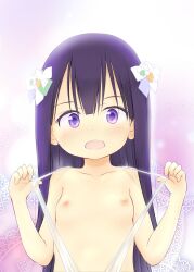  1girl bare_shoulders blush bow breasts clothes_pull female_focus flat_chest flower hair_between_eyes hair_bow hair_flower hair_ornament highres loli long_hair looking_at_viewer nipples nude open_mouth original pulled_by_self purple_eyes purple_hair slingshot_swimsuit small_breasts solo swimsuit upper_body wancho 