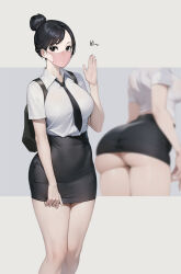 1girl ass backpack bag black_eyes black_hair black_necktie black_skirt blurry blurry_background bobobong bottomless breasts commentary english_text forehead hair_bun hand_up high-waist_skirt highres knees_together_feet_apart large_breasts legs_together looking_at_viewer mask mouth_mask necktie original parted_bangs pencil_skirt school_uniform shadow shirt short_hair short_sleeves simple_background single_hair_bun skirt solo standing thighs white_background white_shirt rating:Questionable score:47 user:danbooru