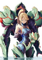  1girl automatic_giraffe blonde_hair blue_eyes dissolving_clothes highres looking_at_hand metroid metroid_dread metroid_suit nintendo open_clothes partially_submerged ponytail power_suit samus_aran simple_background solo standing water zero_suit  rating:Sensitive score:33 user:danbooru