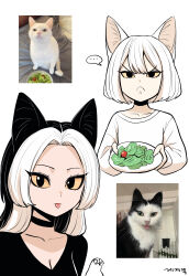 ... 2girls absurdres animal_ears artist_self-insert black_eyes black_hair black_shirt breasts cat cat_ears cat_girl choker cleavage collarbone colored_sclera creature_and_personification flat_chest food frown gegegekman highres holding holding_food lizard long_hair looking_at_viewer medium_breasts multicolored_hair multiple_girls original parted_bangs photo_inset reference_inset salad scowl shirt short_hair signature tongue tongue_out two-tone_hair v-shaped_eyebrows white_background white_hair white_shirt yellow_sclera