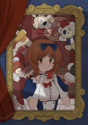  1girl absurdres alternate_costume apple blue_bow blue_choker blue_dress boko_(girls_und_panzer) bow bowtie brown_eyes brown_hair choker commentary curtains dress food fruit girls_und_panzer gloves hair_bow highres holding holding_food holding_fruit light_frown looking_at_viewer nekounko nishizumi_miho open_mouth picture_frame puffy_short_sleeves puffy_sleeves red_bow red_bowtie short_hair short_sleeves solo stuffed_animal stuffed_toy symbol-only_commentary teddy_bear white_gloves 