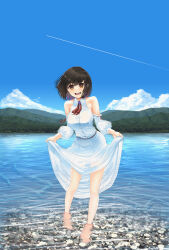 1girl absurdres black_hair brown_eyes clothes_lift commentary_request contrail day dress dress_lift feccso highres lake lifting_own_clothes looking_at_viewer medium_hair mountain open_mouth original outdoors partially_submerged pond river shochuumimai smile solo standing summer sundress water white_dress