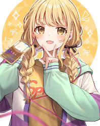  1girl :3 blonde_hair blurry blurry_foreground blush braid cellphone commentary_request depth_of_field earphones fang fujita_kotone gakuen_idolmaster hair_ribbon highres holding holding_phone huyunora idolmaster jacket long_hair looking_at_viewer multicolored_clothes multicolored_jacket phone ribbon shirt skin_fang sleeves_past_wrists smile solo twin_braids upper_body v w w_over_mouth yellow_eyes yellow_shirt 