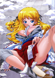  1girl bare_shoulders between_breasts blonde_hair blue_eyes blush box breasts cleavage earrings elina_(queen&#039;s_blade) facing_viewer fallen_down fur-trimmed_footwear fur-trimmed_kimono fur_trim honda_arima japanese_clothes jewelry kimono knee_up large_breasts legs long_hair looking_at_viewer lying miko mouth_hold new_year no_bra official_art on_back on_floor outdoors paper queen&#039;s_blade snow solo spread_legs sweat tagme white_sleeves wide_sleeves  rating:Questionable score:16 user:th8827