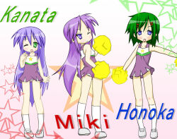  3girls blue_hair cheerleader green_hair hiiragi_miki iwasaki_honoka izumi_kanata lucky_star multiple_girls panties pantyshot purple_hair underwear white_panties 