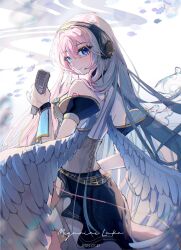  1girl anniversary black_skirt blue_eyes character_name dated feathered_wings fish from_behind hair_between_eyes headphones highres holding holding_microphone light_blush linch long_hair long_skirt looking_at_viewer looking_back megurine_luka megurine_luka_(vocaloid4) microphone number_tattoo pink_hair shoulder_tattoo sidelocks skirt smile solo tattoo v4x very_long_hair vocaloid white_background white_wings wings 