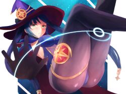 1girl breasts female_focus from_below genshin_impact gloves green_eyes hat ituki_gi large_breasts leotard long_hair looking_at_viewer mona_(genshin_impact) pantyhose solo thick_thighs thighs witch_hat