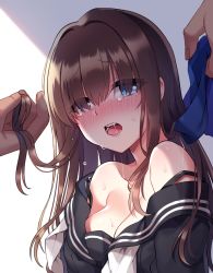 1girl artist_request blue_eyes blush breasts brown_hair character_request cleavage collarbone copyright_request crying crying_with_eyes_open hair_ornament unworn_hair_ornament long_hair open_mouth saliva solo_focus sweat tears teeth tongue  rating:Questionable score:9 user:Observer_Alpha