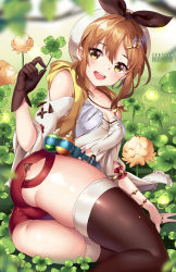 1girl :d artist_name ass atelier_(series) atelier_ryza atelier_ryza_1 bare_shoulders belt belt_buckle beret blue_belt blurry blurry_foreground blush breasts brown_eyes brown_flower brown_gloves brown_hair brown_thighhighs buckle cleavage clover commentary_request depth_of_field flower four-leaf_clover gloves hair_between_eyes hair_ornament hairclip hat highres jacket jewelry looking_at_viewer medium_breasts necklace open_clothes open_jacket open_mouth puffy_short_sleeves puffy_sleeves red_shorts reisalin_stout round_teeth shirt short_shorts short_sleeves shorts single_glove sleeveless sleeveless_jacket smile solo squchan star_(symbol) star_necklace teeth thighhighs upper_teeth_only watermark web_address white_hat white_shirt white_thighhighs yellow_jacket rating:Sensitive score:35 user:danbooru