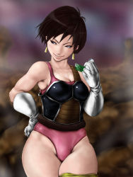  1girl armor bad_id bad_pixiv_id bare_shoulders black_hair blue_eyes curvy dragon_ball dragonball_z earrings unworn_eyewear gloves grin hand_on_own_hip highres hip_focus jewelry leotard looking_away monkey_tail naughty_face nix_(ak-style) outdoors realistic scouter seripa short_hair smile solo standing tail teeth thick_thighs thighs  rating:Sensitive score:177 user:danbooru