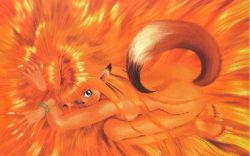  1girl animal_ears ass barefoot breasts feet female_focus fingernails fox fox_tail full_body furry furry_female long_fingernails nude orange_hair soles solo tail toes  rating:Questionable score:3 user:spicey_tuna